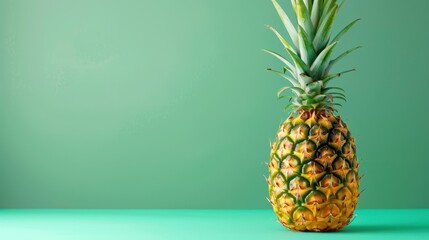 Ripe pineapple with green leaves placed on vibrant backdrop, summer concept.