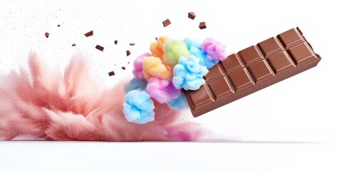 Marbled chocolate bar flying apart, with pastel rainbow cotton candy spilling from within, isolated on white background