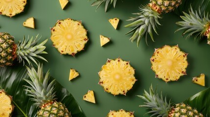 Fresh pineapple on a bright colorful background, tropical exotic fruit.