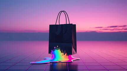 In a surreal retrowave landscape, a black shopping bag melts to reveal shimmering iridescent tones on a neon-lit purple grid at sunset.