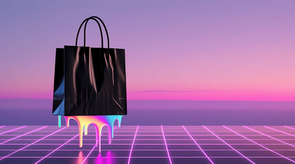 Vibrant iridescent colors emerge as a black shopping bag melts into a neon purple grid, framed by a dreamy retrowave sunset.