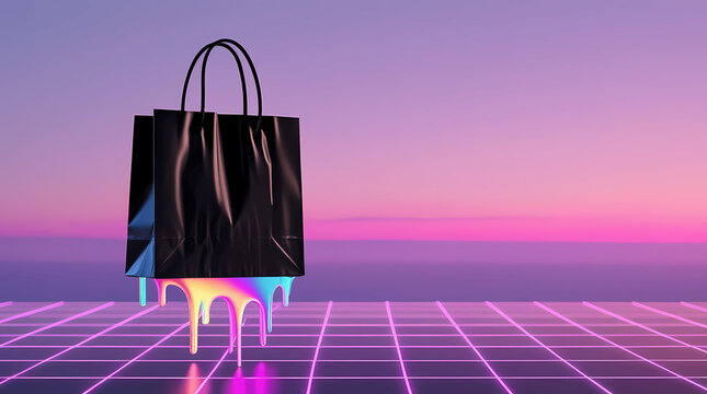 Vibrant iridescent colors emerge as a black shopping bag melts into a neon purple grid, framed by a dreamy retrowave sunset.