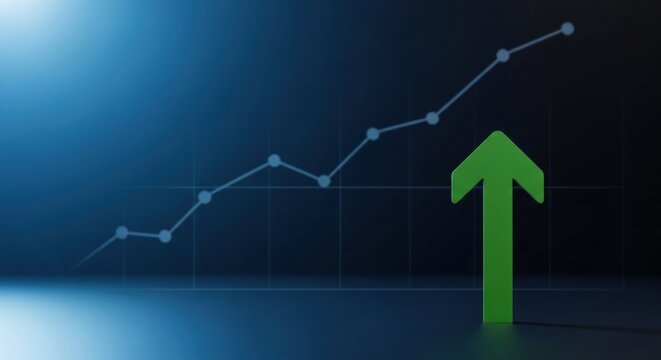 Green arrow pointing upward on financial graph. Business growth chart with rising trend line. Digital stock market data visualization for investment analysis. - Powered by Adobe