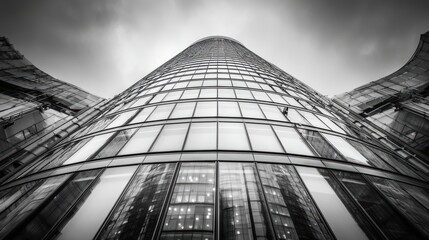 Fototapeta premium Dramatic architectural shot of a modern glass skyscraper reflected against an overcast sky in monochrome