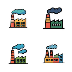 Obraz premium Four Colorful Factory Icons Industrial Pollution Smoke Stacks Emissions Green Orange Red Blue image