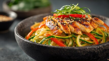 Keto-friendly cabbage. Delicious stir-fried noodles with vegetables and grilled chicken in a textured bowl.