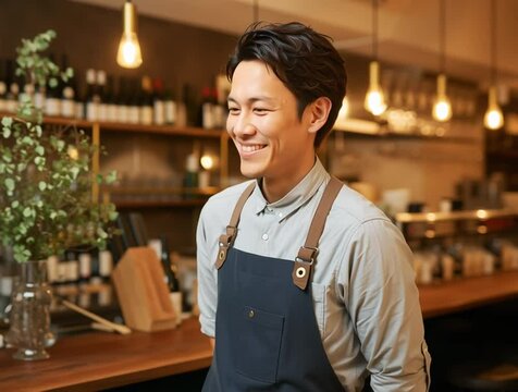 カフェで笑顔の若い男性スタッフ　飲食店で接客する爽やかな男性