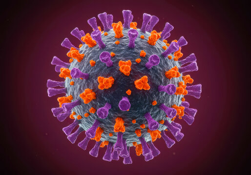 3D-Rendered Influenza Virus:  Close-up showcasing the viral surface glycoproteins ? hemagglutinin (purple) and neuraminidase (orange) ? key players in its infectious mechanism.