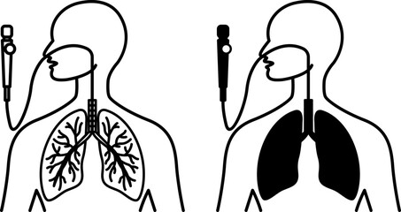 Bronchoscopy Icons. Black and White Vector Illustrations. Examination of the Airways with a Bronchoscope. Human, Lungs, Diagnostics. Lung Disease Concept