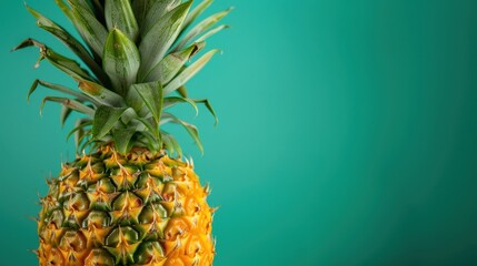 Ripe pineapple with green leaves placed on vibrant backdrop, summer concept.