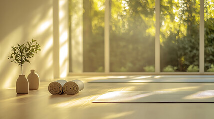 Sunny Yoga Space with Rolled Mats and Minimalist Decor