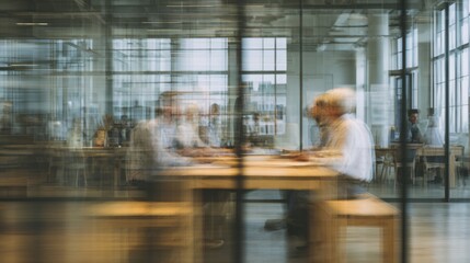 Dynamic motion blur captures the bustling energy of a modern office environment.