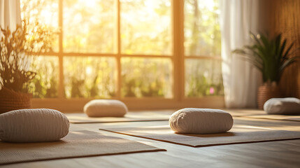 Sunlit Yoga Studio with Mats and Cushions Ready for Practice