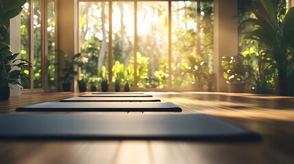 Yoga Mats Arranged in a Sunlit Room with Lush Greenery Outside