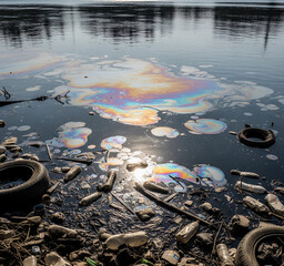 Polluted River with Oil Spills