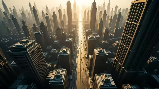 4K Aerial Animation of Skyscrapers in Sunset Light