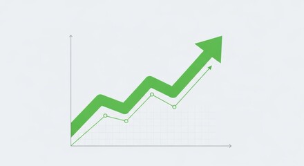 Green arrow pointing upward on financial graph. Business growth chart with rising trend line. Digital stock market data visualization for investment analysis.
