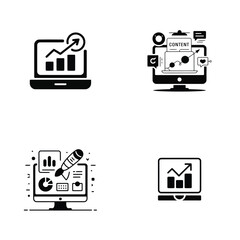 Four Black and White Icons Depicting Digital Marketing Analytics Content Creation and Growth Charts on Computer Screens Laptops