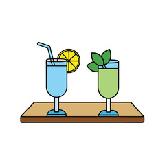 craft summer cocktails served on wooden tray with coastal view Vector illustration