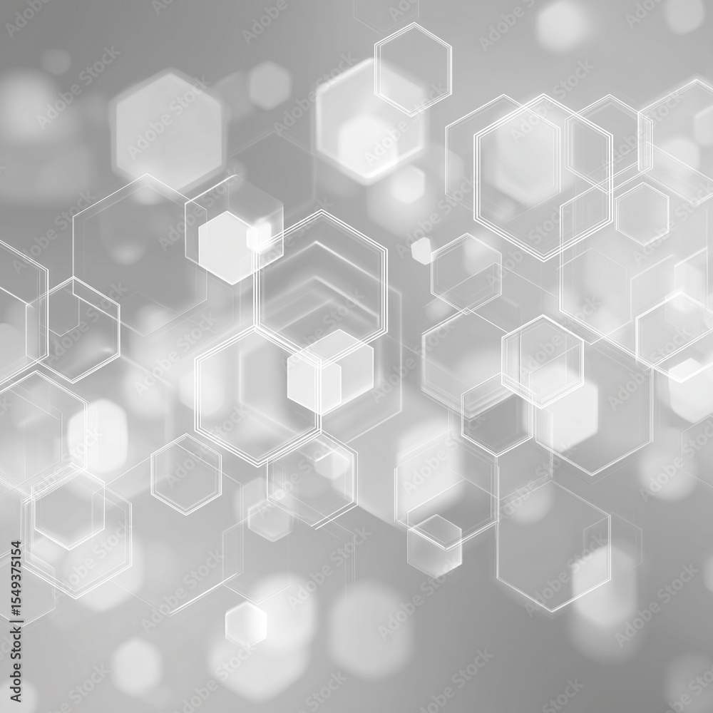 Poster floating hexagon design with bokeh on soft gray background abstract