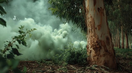 Obraz premium Eucalyptus grove with peeling bark and swirling eucalyptus oil mist