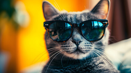 A gray tabby cat wears sunglasses. Funny pet with a fashionable look.