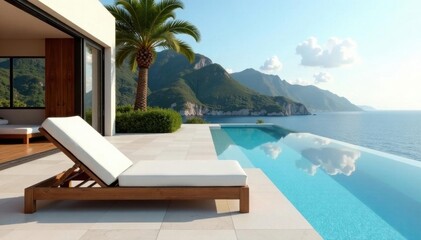 Sleek sunbed beside infinity pool, chic hotel interior , architecture, sunbathing