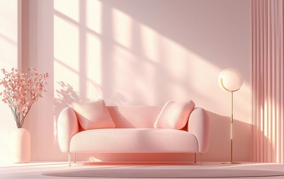 Minimalist lounge with soft pastel colors, sleek furniture, and a relaxing vibe