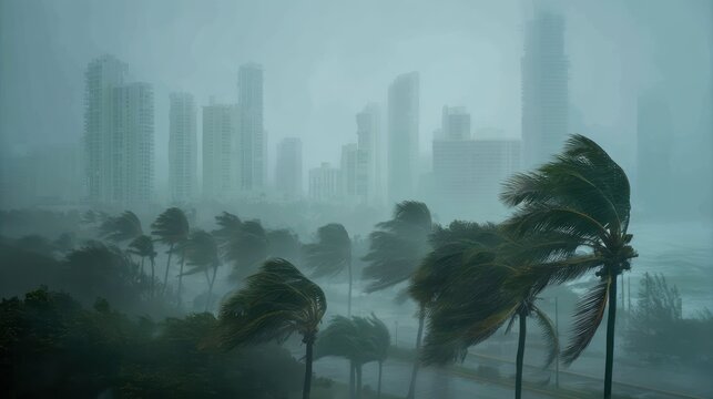 Ferocious category 5 hurricane engulfing coastal city with palm trees bending and skyscrapers outlined against a softly blurred stormy skyline