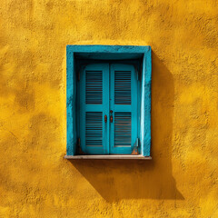 Blue window with closed shutters on a yellow textured wall facade