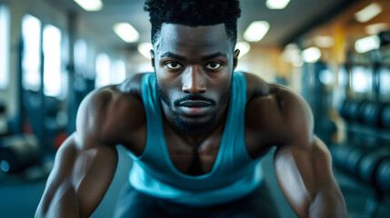 An African American man is working out at the gym. Close up portrait of a fitness enthusiast.
