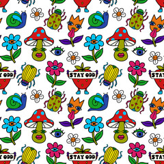 Seamless pattern with retro style images: flowers, strawberry, bugs, snail, mushroom. Psychedelic print. Hippie style background. Perfect for packaging, fabric, stationary, wrapping, decoration, print