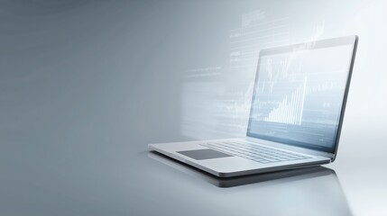 Digital financial collage overlaying open laptop keyboard and smartphone infographics on light gradient, representing global trading platform services with cloud computing clarity.