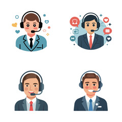Four Customer Service Representatives Wearing Headsets Businessmen Icons Flat Design Illustration businessman