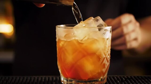 Bartender pouring cocktail over ice in a glass on bar counter  
