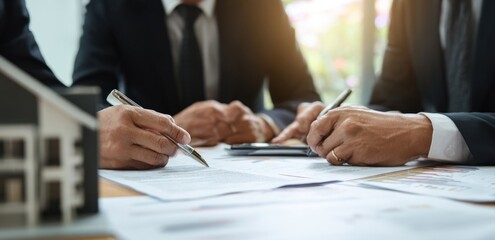 Focused business professionals signing important documents and discussing property deals in a meeting.