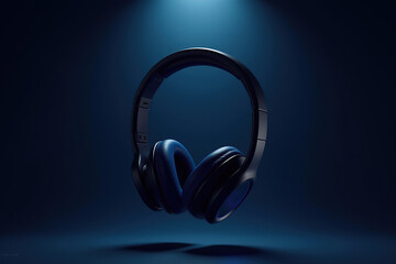 Isolated blue headphones for music and sound on a black background, ideal audio equipment for listening to stereo headphone music