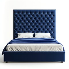 Modern upholstered bed with a tall tufted headboard in deep blue, isolated on white