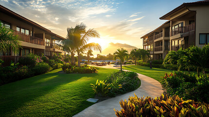 Sunset at a Tropical Resort with Lush Gardens and Pathway