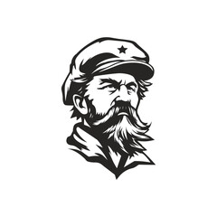 Bearded Sailor with Hat Vector Illustration. Vintage-style vector illustration of a bearded sailor wearing a traditional hat with a star emblem. The bold black and white design