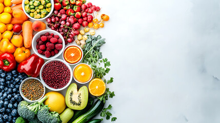 Assorted Fresh Fruits and Vegetables Arranged on a White Background