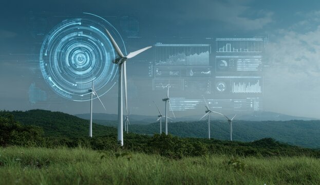 Futuristic digital interface overlays a serene wind farm, symbolizing advanced renewable energy monitoring.