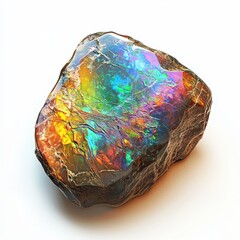 Multicolored boulder opal with vibrant flashes on a white background