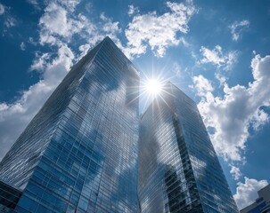 Gleaming modern skyscrapers pierce the bright blue sky, illuminated by a brilliant sunburst.