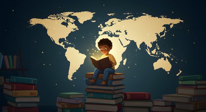 International Literacy Day Global Child Reading Book, Global Education, World Map, Knowledge, Imagination