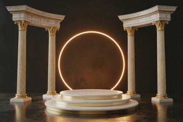 round multistage podium with gold plated Greek pillars for the presentation of luxury products. stone rome stand with glowing light arch and ancient marble columns. dark background