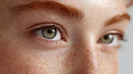 Extreme closeup of undereye skin with natural freckles and green eye showing detailed texture and soft light on fair complexion, highlighting eyebrow and eyelashes beautifully