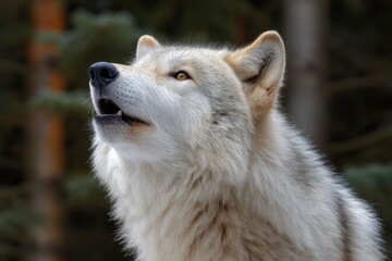 Obraz premium A light gray wolf with amber eyes looks upward mouth slightly open against blurred trees