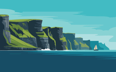 Sailboat glides by towering Irish cliffs