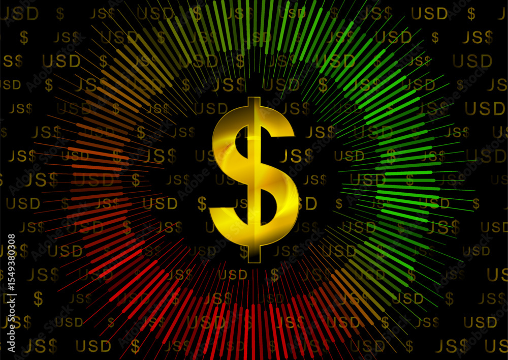 Poster golden dollar sign with circular chart showing financial growth and decline on black background. vec
